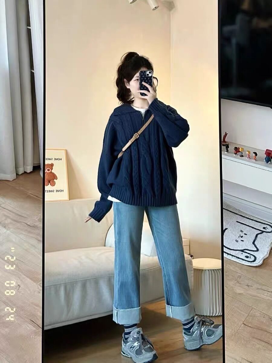 polo领白色毛衣女春秋季2024新款小个子日系慵懒风复古厚外套详情5