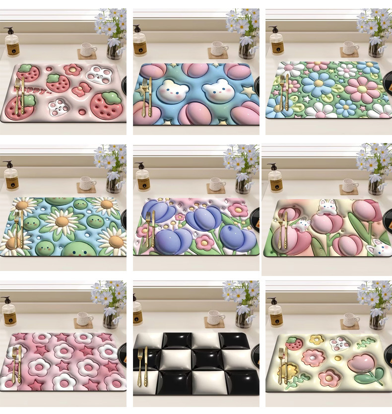 厨房台面硅藻泥沥水垫 易打理家用酒台茶台速干吸水垫子卡通杯垫详情11