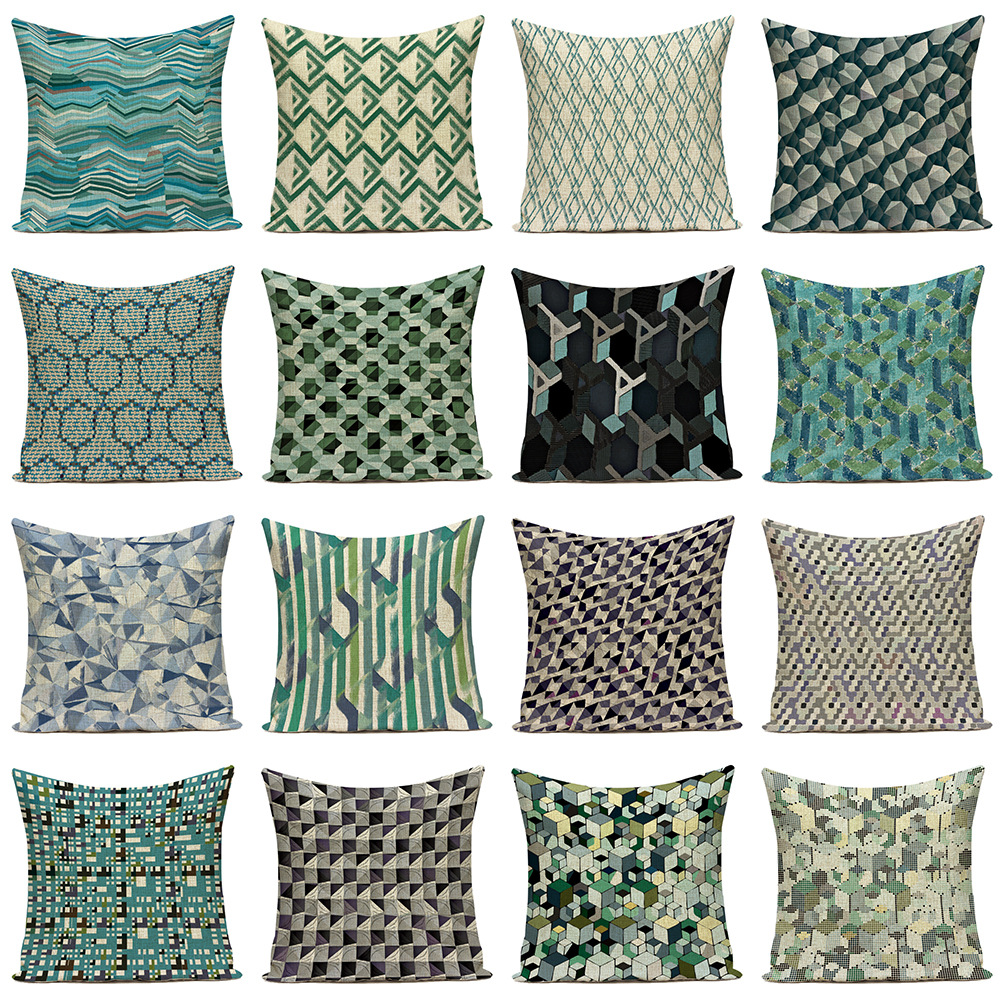 Wavy checkered line geometric throw pillow, linen seat cushion, modern Chinese-style car backrest pic 1