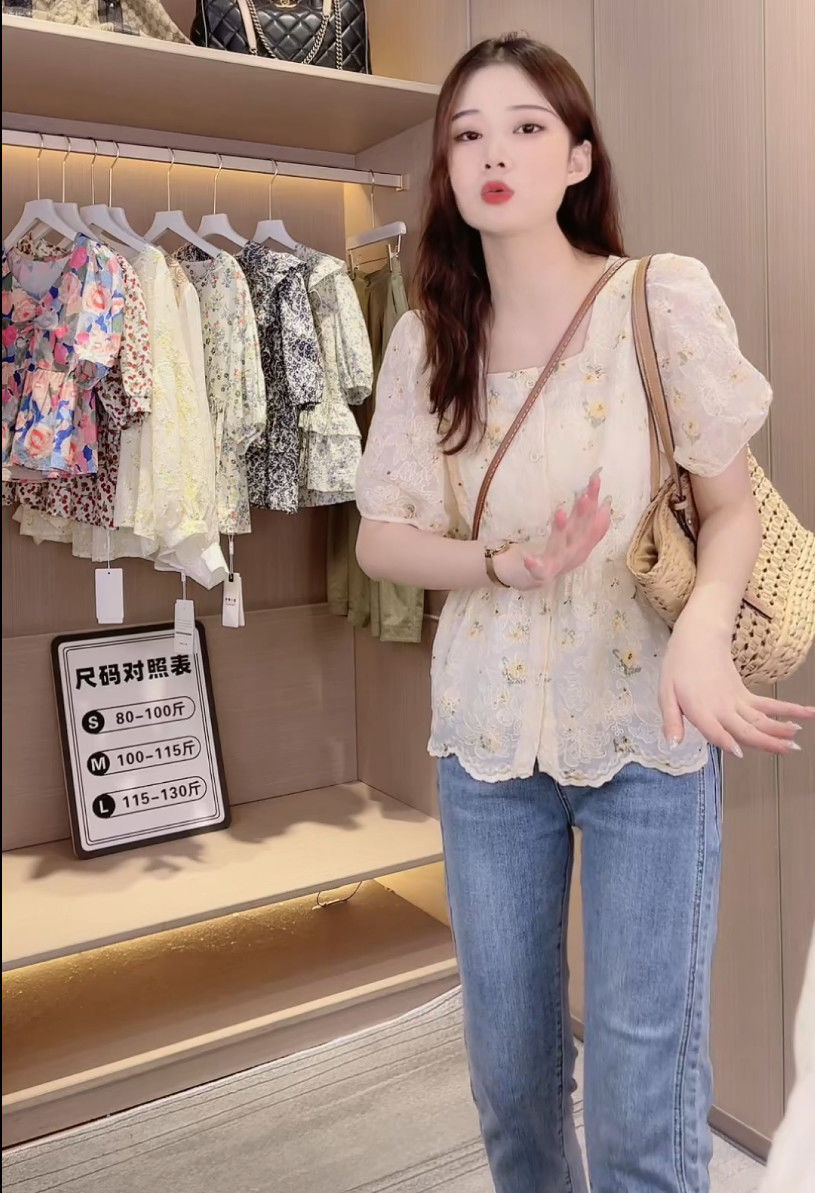 夏季新款方领碎花短袖衬衫女设计感小众洋气百搭泡泡袖别致上衣详情13