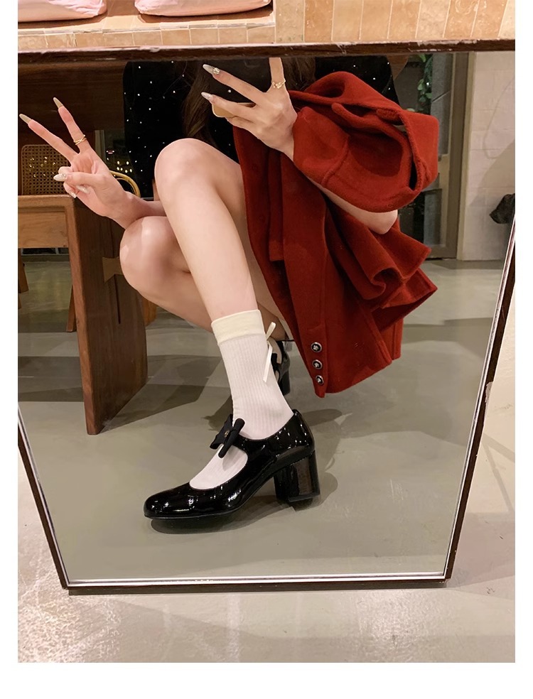 葡萄妈蝴蝶结玛丽珍鞋女法式高跟鞋真皮女鞋小香风粗跟制服皮鞋女详情39