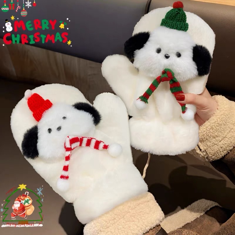 圣诞狗毛绒手套ins原宿风小众女高颜值保暖防寒加厚挂脖手套详情5