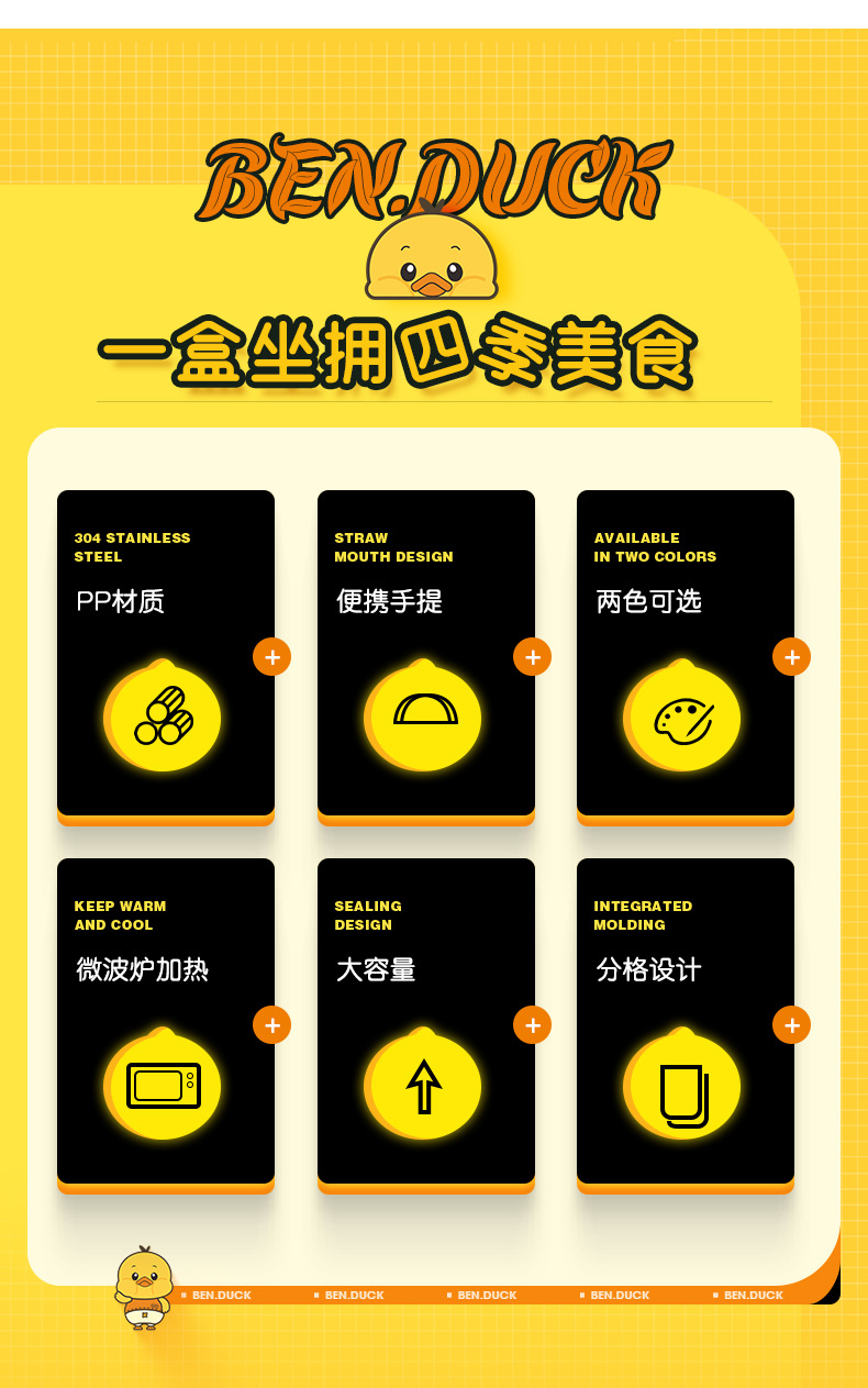 笨鸭屋子造型卡通双层手提餐盒聚丙烯PP大容量内置餐具学生午餐盒详情3