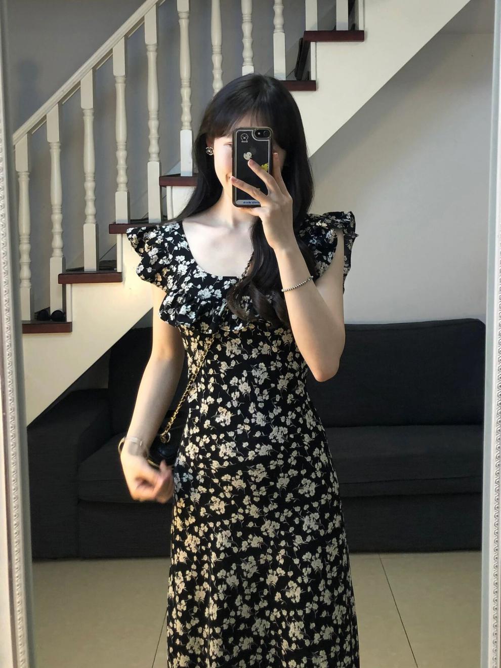 【 Ruida 】 Tea Break French Black Floral strappy small flying sleeve dress 2024 Summer Hepburn elegant Long dress pic 4