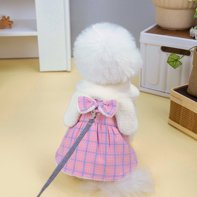 New sweet and ladylike checkered cotton dress for pet clothing in autumn and winter, cat dress that can be hung and pulled, 23 White Rabbit cotton dress pic 11