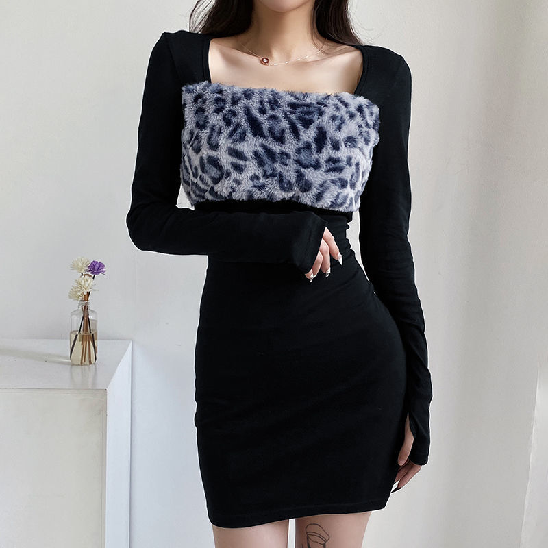 Foreign trade German velvet European and American leopard print sexy patchwork dress for women, thumb button long-sleeved, slimming and body-hugging base dress pic 4