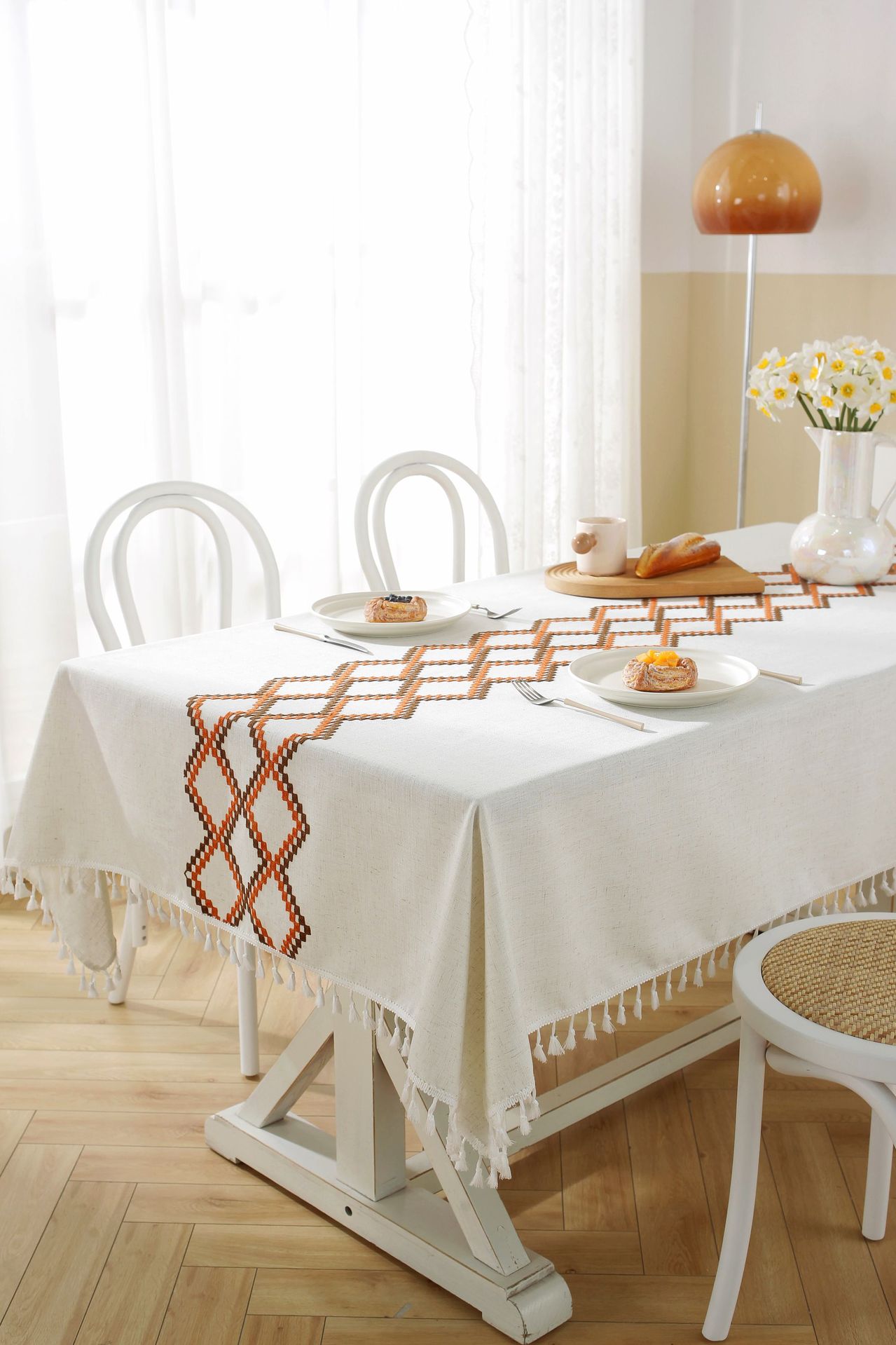 New linen embroidered cross tablecloth, solid color tablecloth, coffee table pad, cotton and linen decorative table, ins style bestseller, rectangular pic 11
