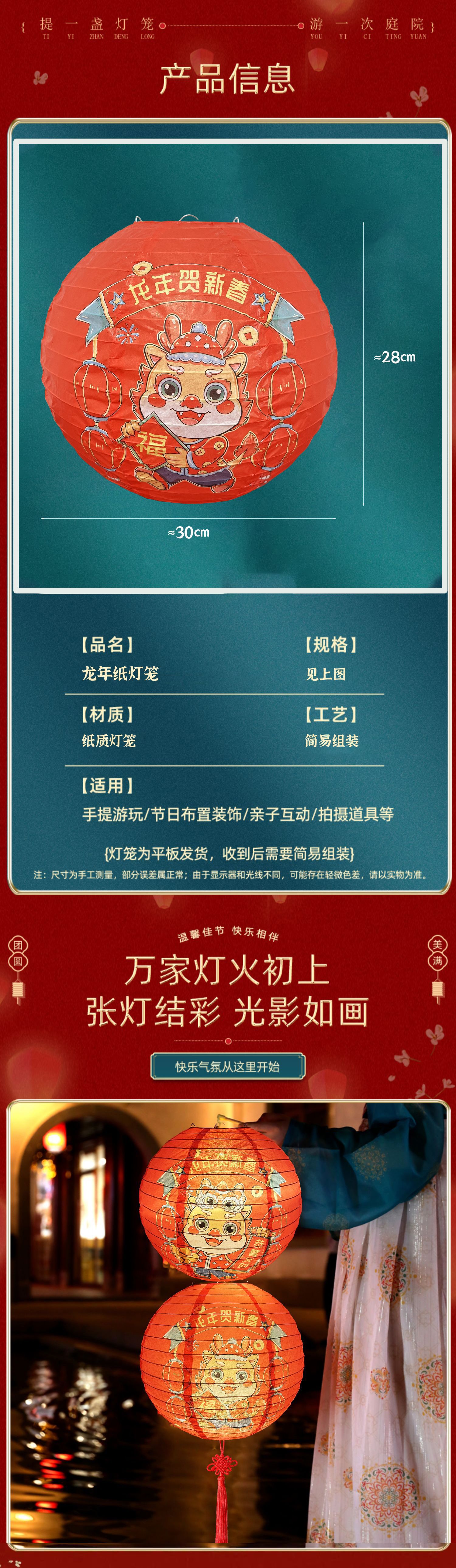 新款国潮龙年纸灯笼春节装饰卡通龙年灯笼儿童喜庆手提灯笼发光详情4