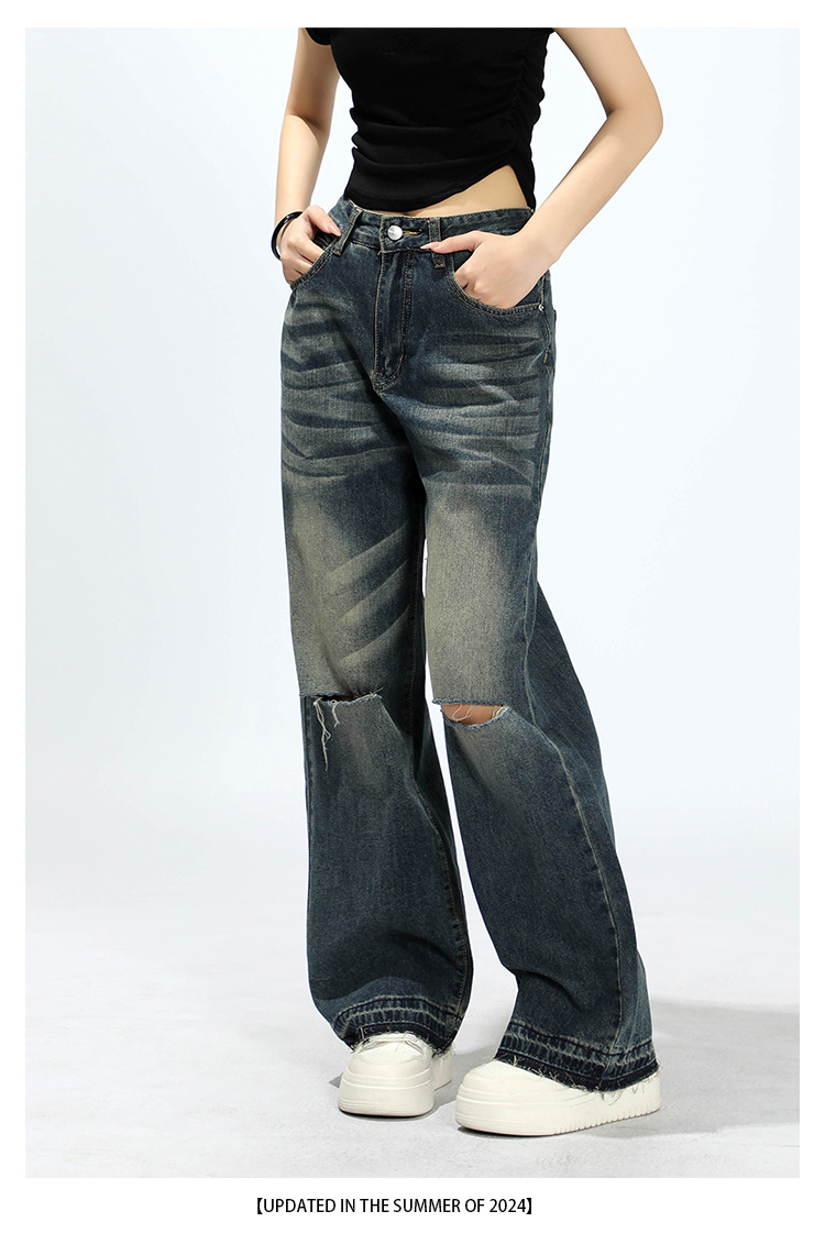 秋冬牛仔裤男美式复古水洗做旧宽松显瘦高腰直筒破洞阔腿拖地裤详情7