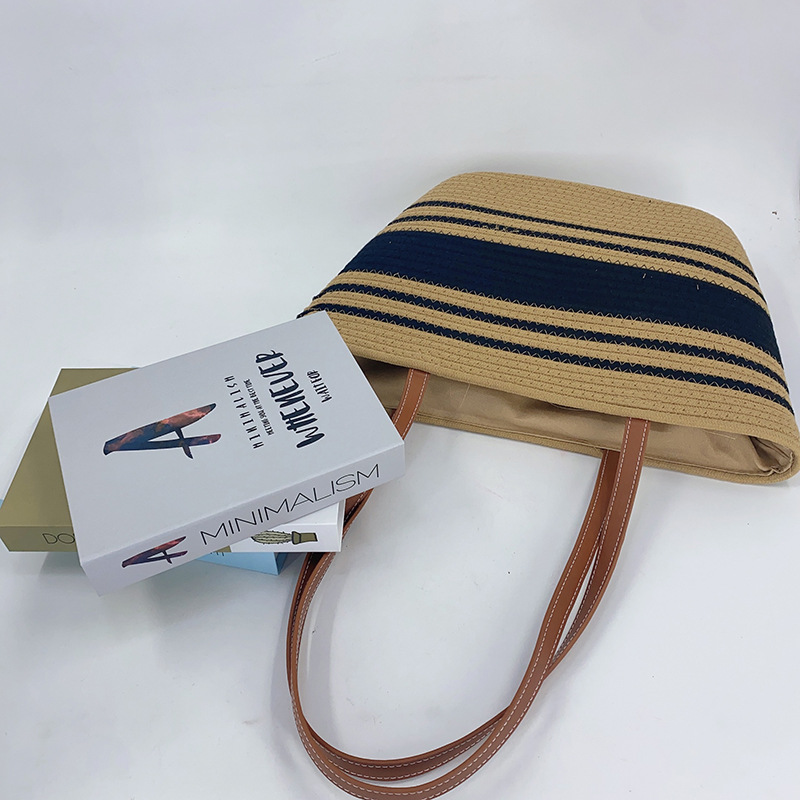 批发编织束口手提包复古休闲拼色手提夏季海边沙滩度假包女详情6