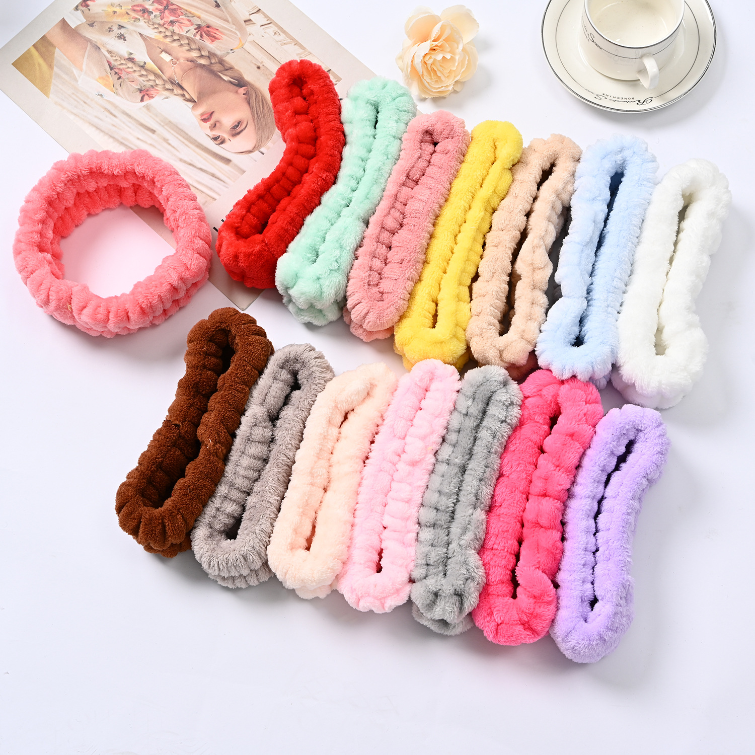 Bow face wash and hair band for girls wholesale solid color white matching makeup simple sweat-wiping wrist band flannel hair band pic 47