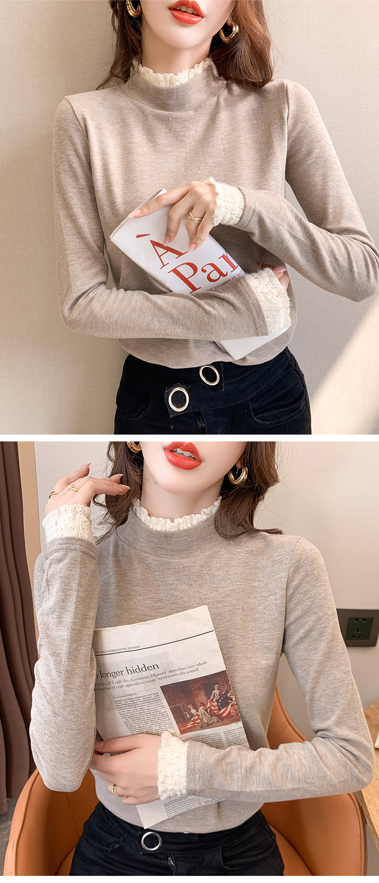 Lace semi-high neck fleece base layer shirt for women, versatile for autumn and winter 2022 new style fleece long-sleeved stylish inner layer top pic 7