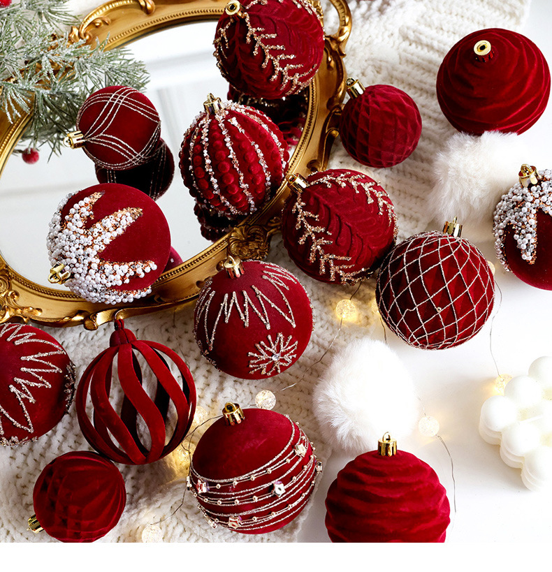 Christmas tree decoration balls, Christmas painted balls, velvet dark red Christmas balls, pearl DIY hanging decorations, scene arrangement pic 1
