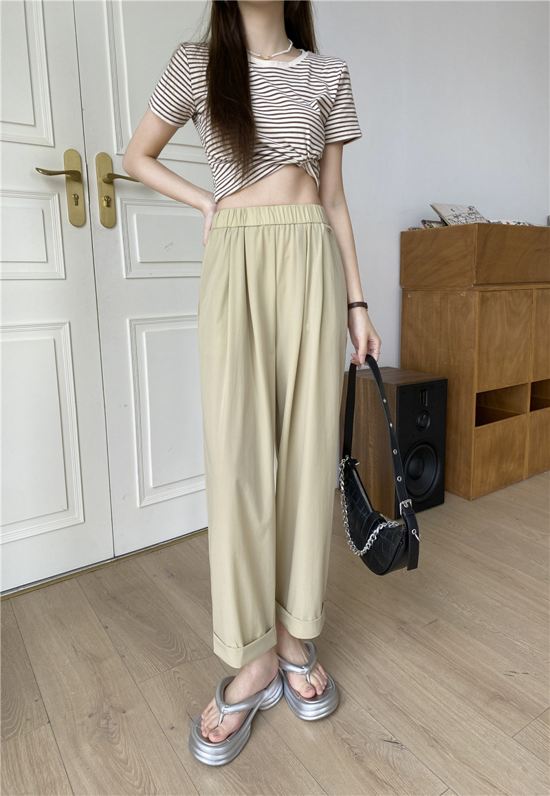 日系休闲裤子女夏薄款高腰显瘦遮肉阔腿直筒哈伦裤女速干裤九分裤详情3