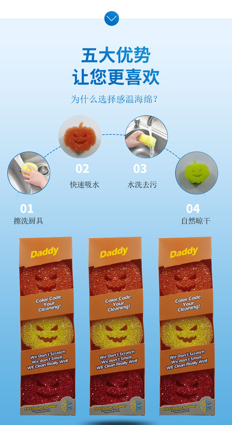 ScrubMomm smiling face sponge, temperature-sensing sponge, honeycomb dishwashing sponge, becomes soft when exposed to hot water and hard when exposed to cold water pic 5