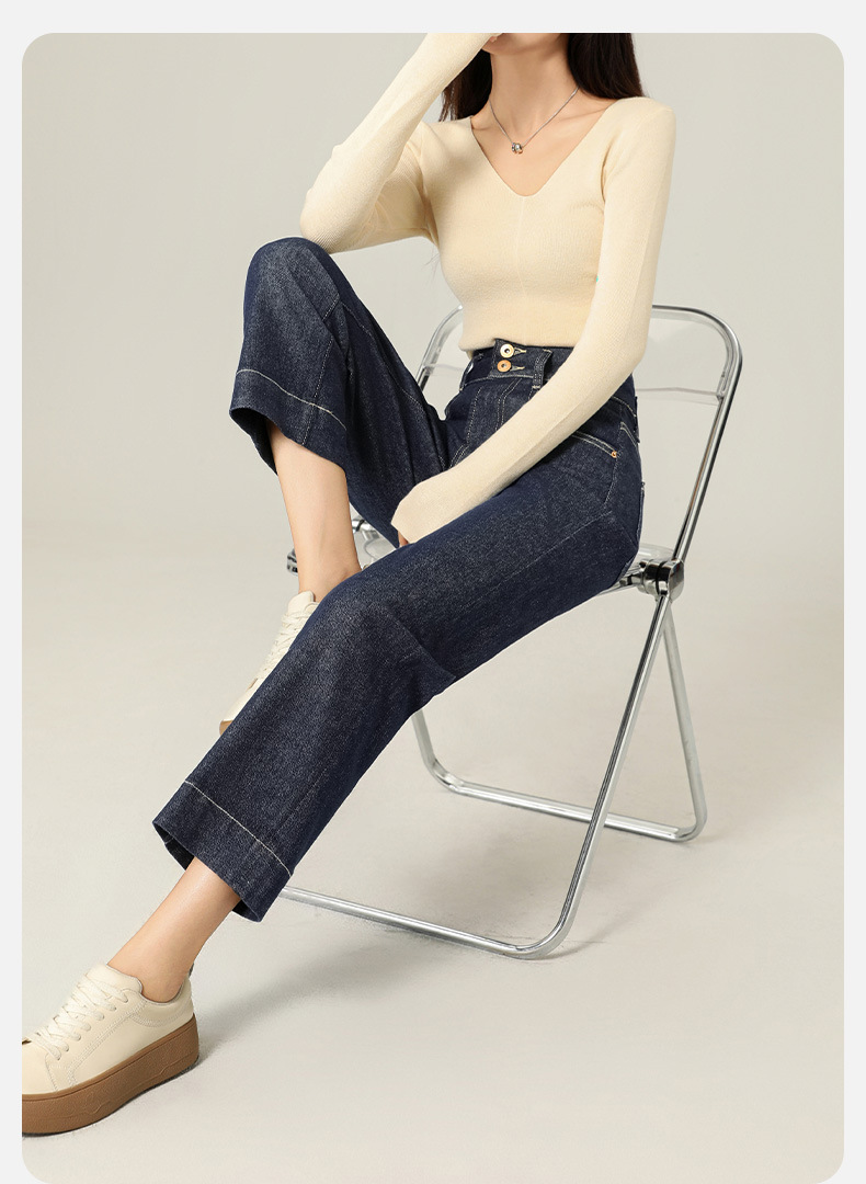 Anti-fading stretch denim natural-color jeans for women in autumn with a button-down design, high-waisted, petite straight-leg 9-inch pants pic 12