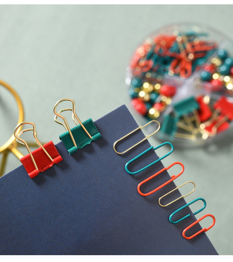 Christmas creative paperclip, long-tail clip, four-compartment round box stationery set, red, green and gold cultural and creative binding gift pic 8