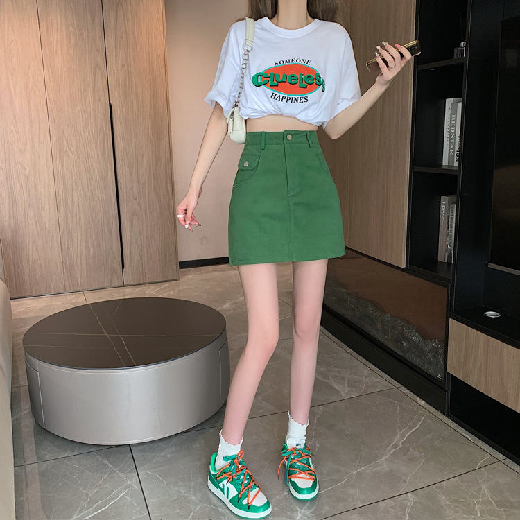 实拍视频小个子绿色半身裙女ins2023秋季新款高腰包臀a字裙短裙子详情6