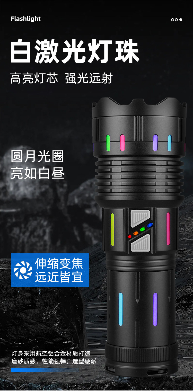 猎天鹰铝合金手电筒强光雷射炮Type-C快充多功能变焦远射照明电筒详情1