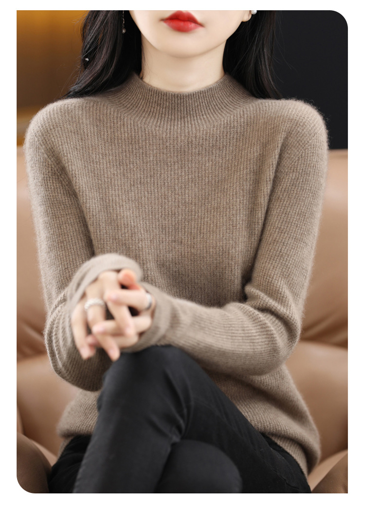 一线成衣女士修身半高领羊毛衫100%短款长袖打底衫纯色秋冬新款保详情15