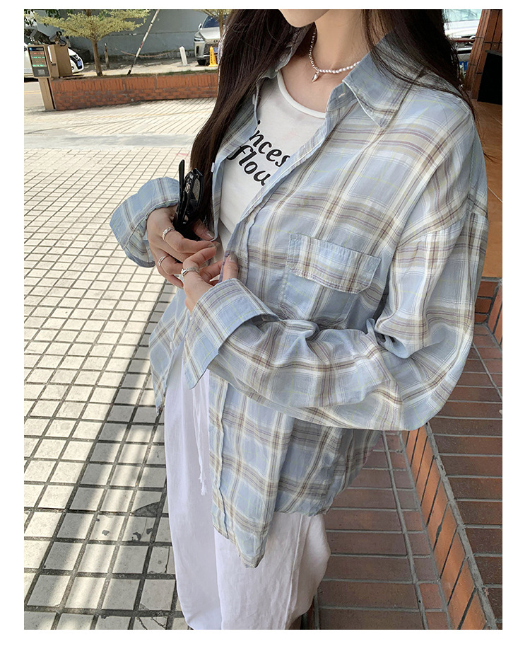 法式设计感小衫蓝色格子防晒衬衫女2024秋季新款女装小清新bm上衣详情25