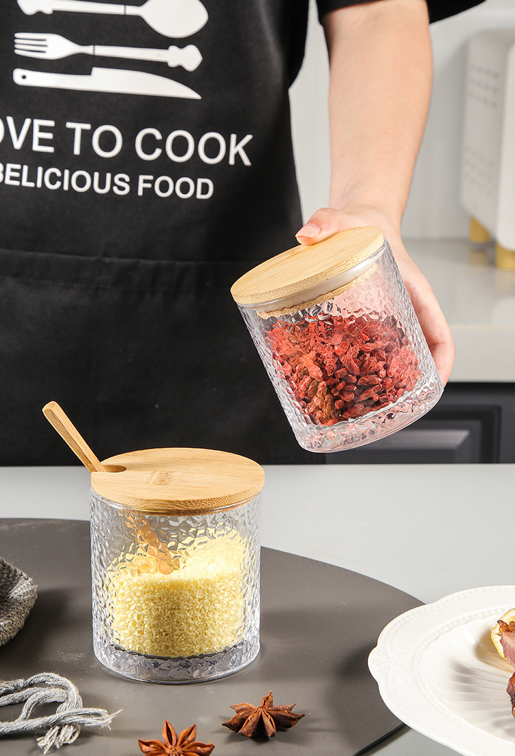 Green Classic Japanese Hammer patterned glass sealed Jar, Creative bamboo and wood tea jar, seasoning jar, storage jar, Kitchenware pic 18