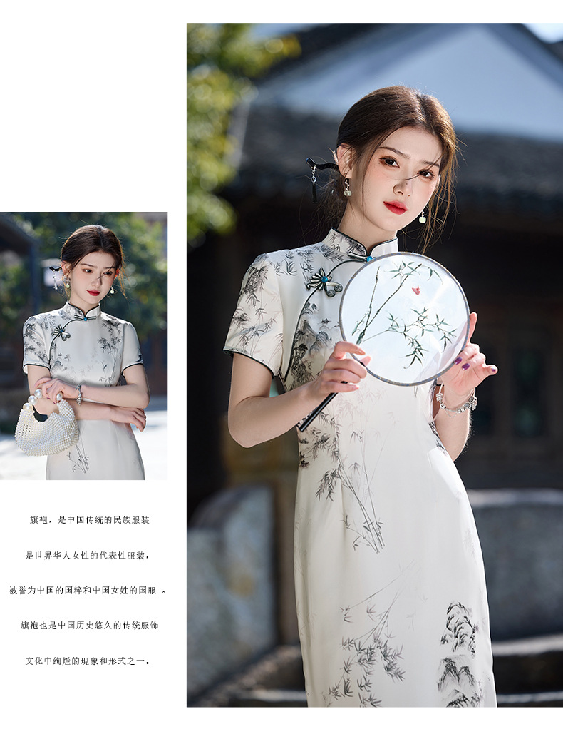 国潮国风水墨画长款醋酸双层改良2025新款年轻款少女复古修身详情10