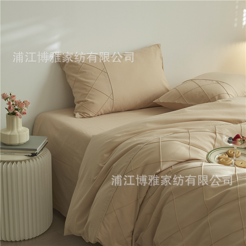 Wholesale of high-quality three or four-piece sets of washed cotton 40-count hand-knitted rhombus-shaped checkered plain pure cotton bedding pic 17