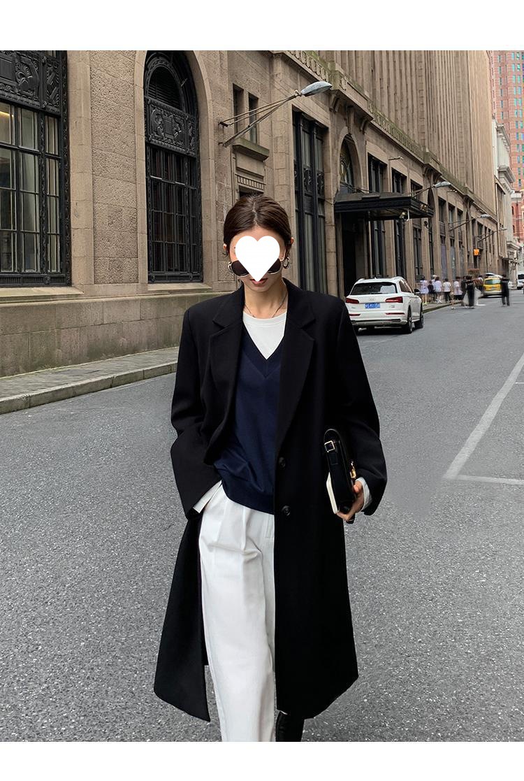 黑色中长款西装领风衣外套女2022年秋冬新款韩版休闲气质过膝大衣详情18