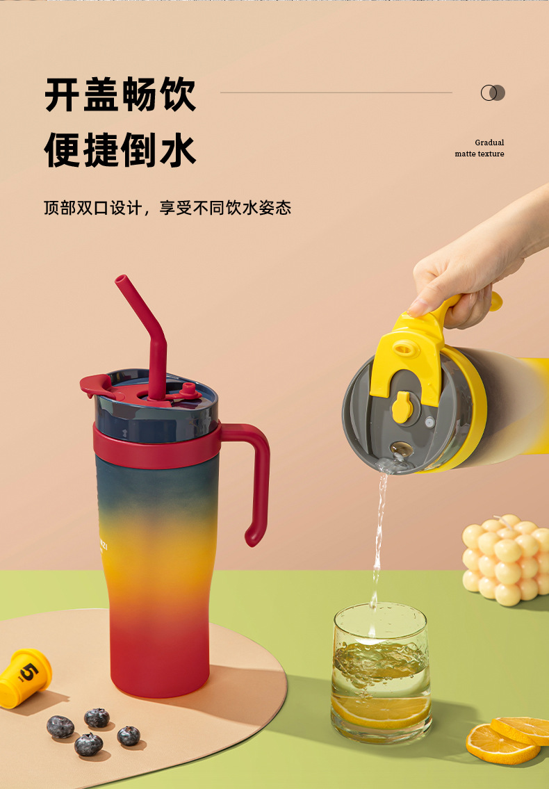 厂家大容量渐变色汽车杯磨砂透明塑料水杯三件套便携吸管杯直饮杯详情6