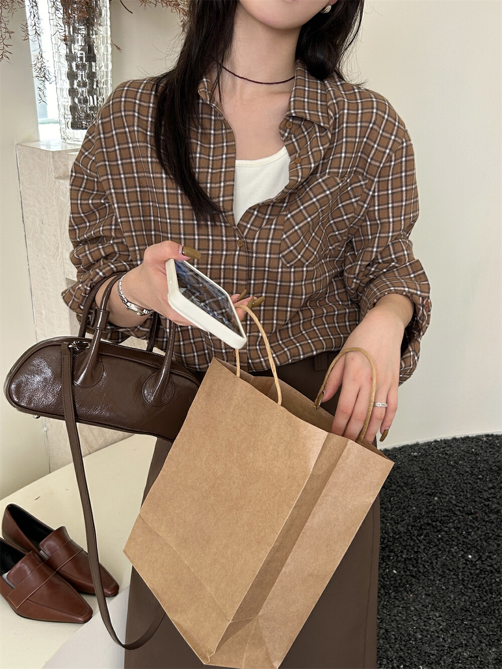 THE LEMON柠檬绿茶设计感宽松显瘦休闲ins假两件格纹衬衫女秋季详情19