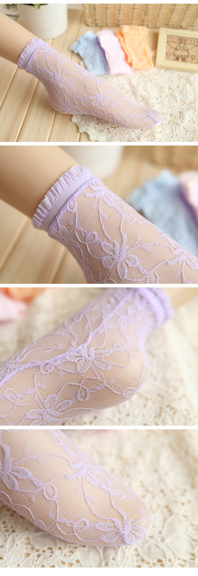 Factory direct sales of Korean summer socks, silk socks, spring and autumn socks, lace, colorful trendy short socks for women pic 4