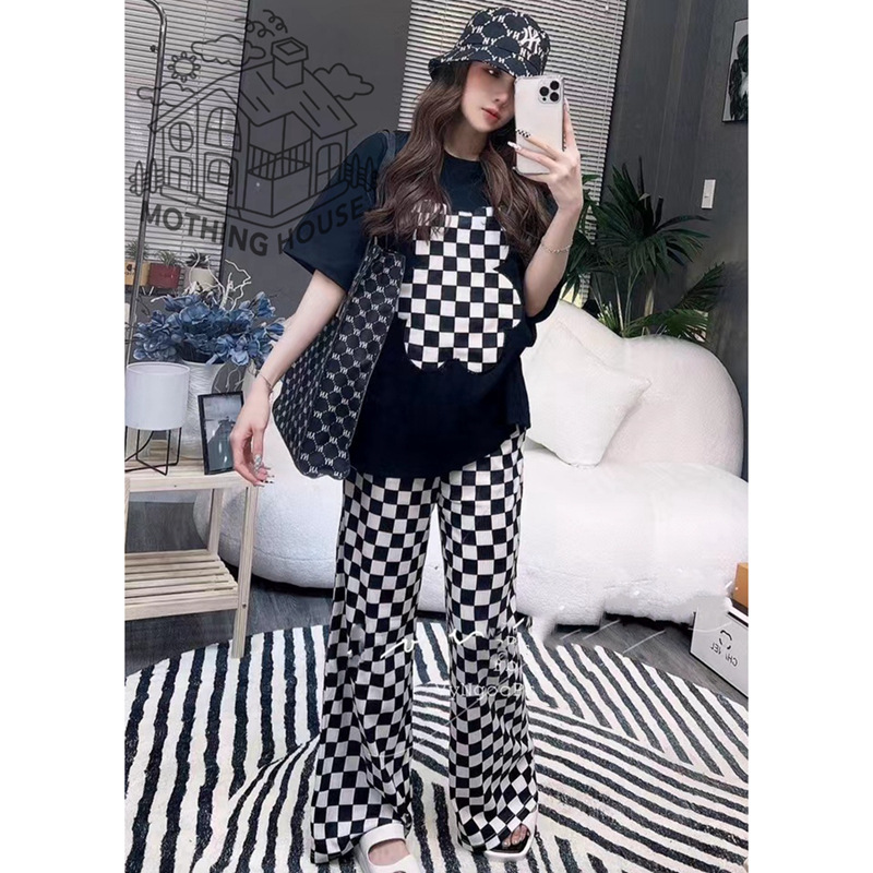 Cross-border bestseller fashion set: New loose student embroidered bear checkered wide-leg pants, casual two-piece summer pic 6