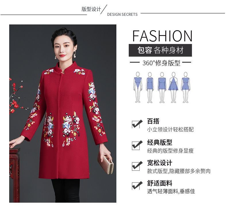 中老年红色毛呢外套2021冬季宴会绣花短大衣喜婆婆妈妈装一件代发详情6