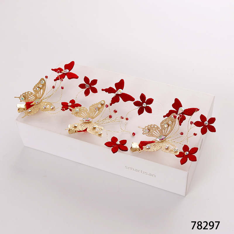 New large red hair clips from Japan and South Korea, Chinese-style bride headwear, wedding toasting attire, with diamond-encrusted butterfly-shaped clip accessories at the side pic 12
