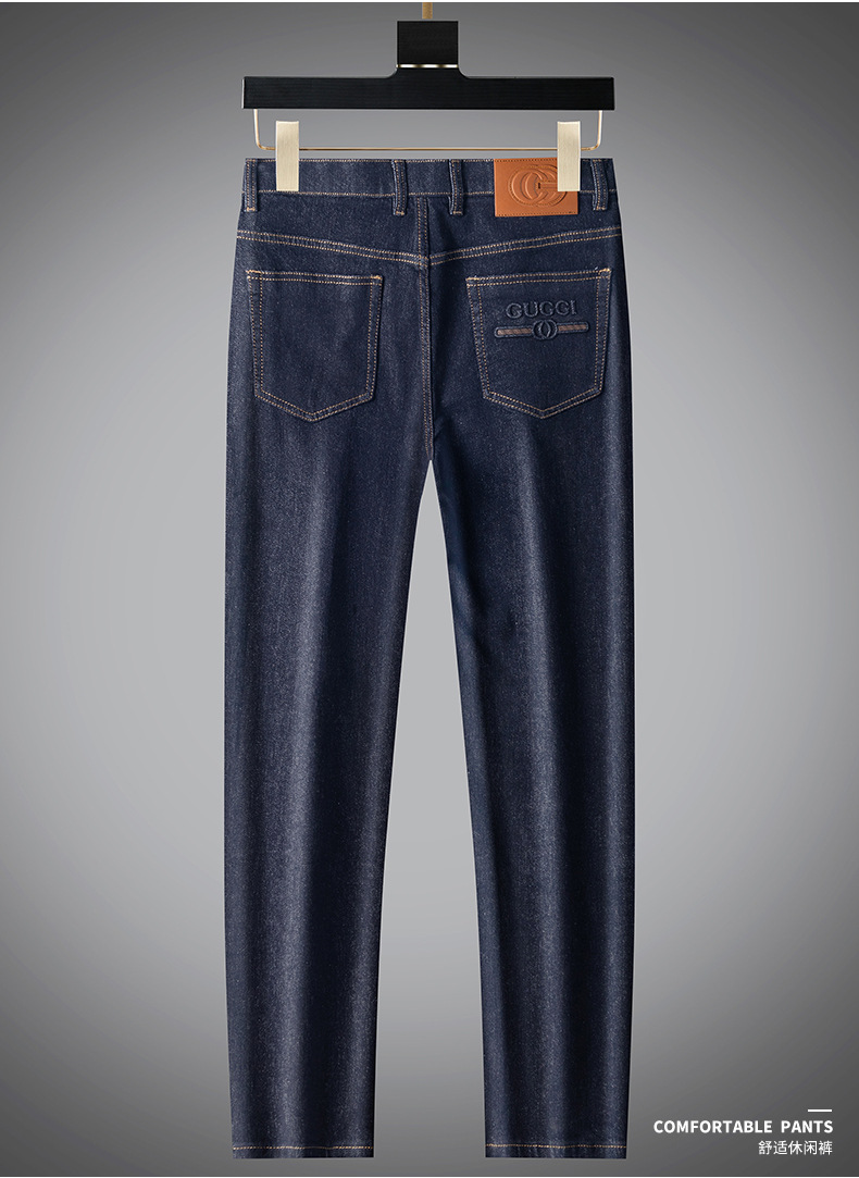 High-end fashion trend brand soft washable blue jeans for men, slim and high-end style, back pocket leather casual pants pic 5