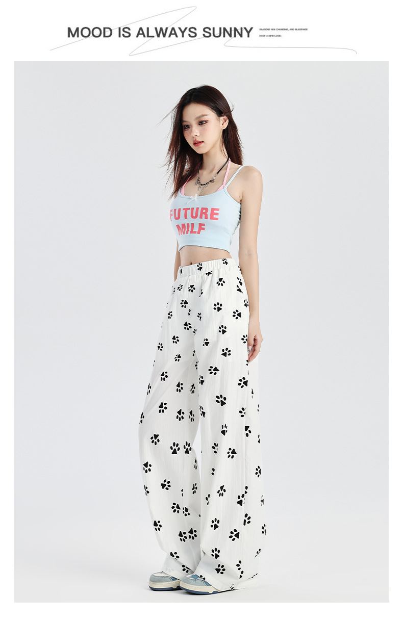 狗狗爪印花宽松阔腿山本裤女2024秋季新款松紧高腰垂感直筒休闲裤详情9
