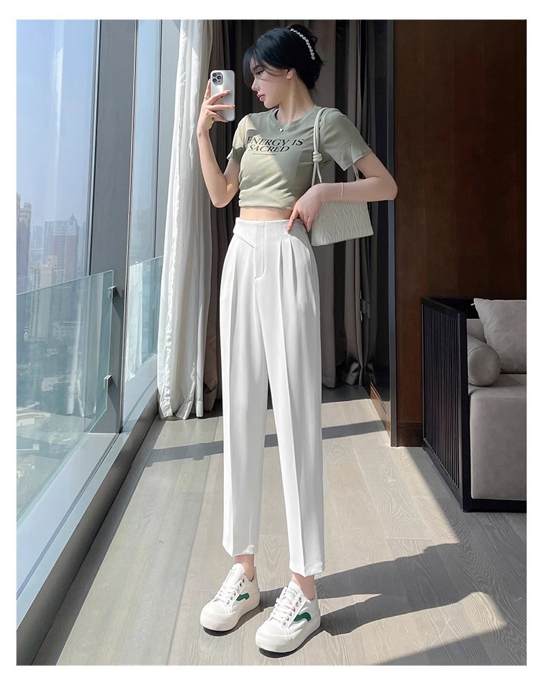 包边好质量双纽扣设计高品质哈伦裤冰丝西装裤女九分烟管裤休闲裤详情37