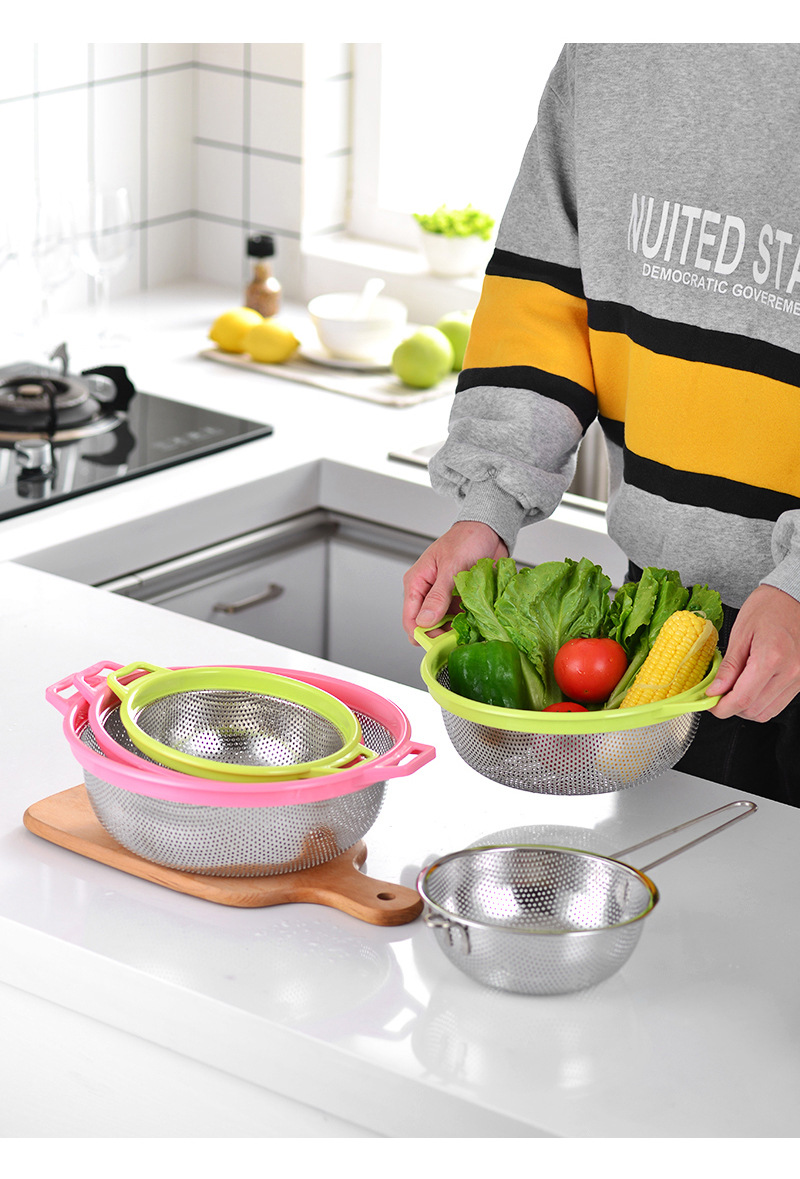 Interlocking draining basket, stainless steel color-edge draining basket with handle, large dining room fruit and vegetable water control basin, household kitchen multi-hole rice-washing basket, rice sieve, double-ear draining basket, rice-washing basin, perforated basin, filter basin pic 10