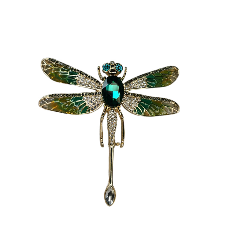 Custom-made dragonfly brooch with flapping wings and oil-dripping green crystal corsage pic 1