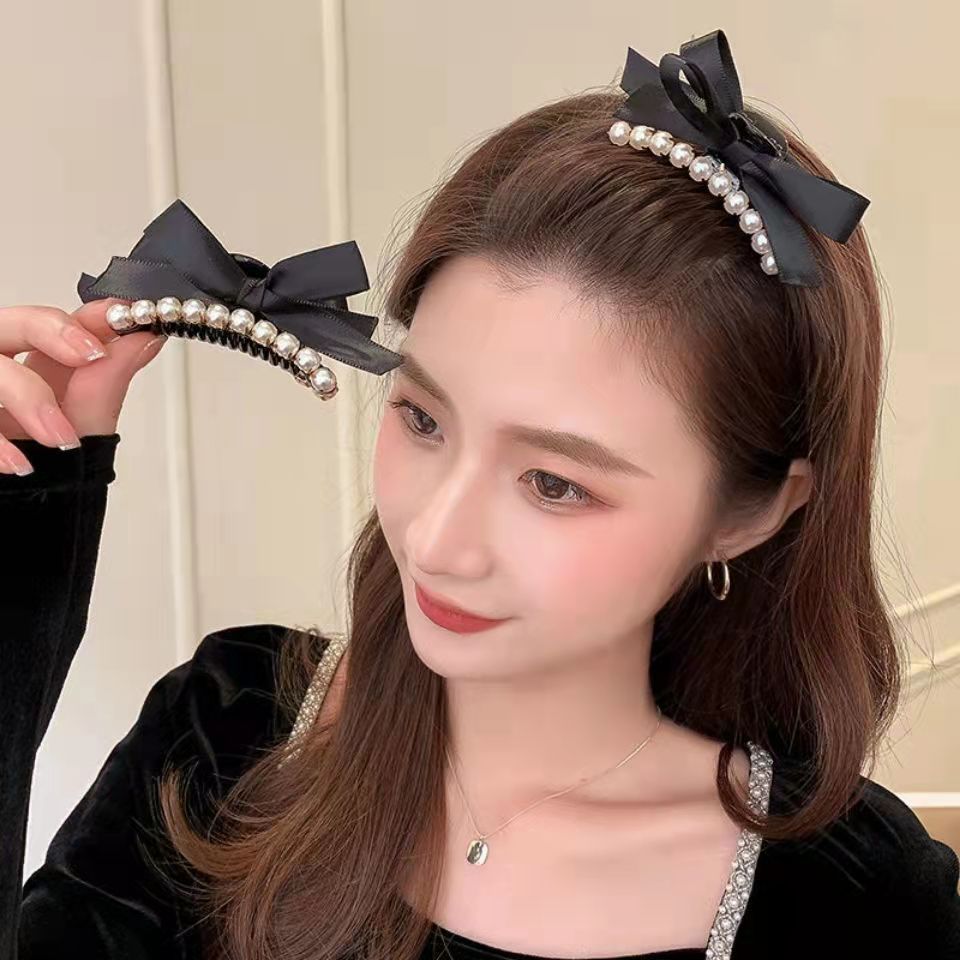Perlas strass negro lazo temperamento clip de agarre tiara clip de pelo clip de pelo mujer flequilla clip de pelo de disco clip lateral pic 1