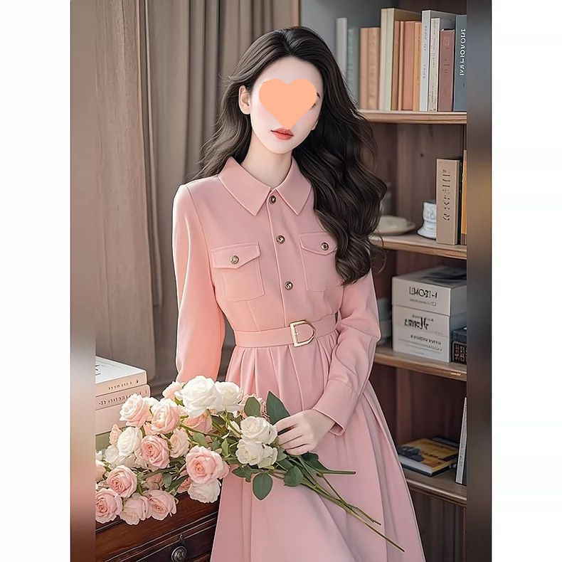 初秋钓系约会裙法式小香风正式场合收腰粉色长袖连衣裙女2024新款详情10