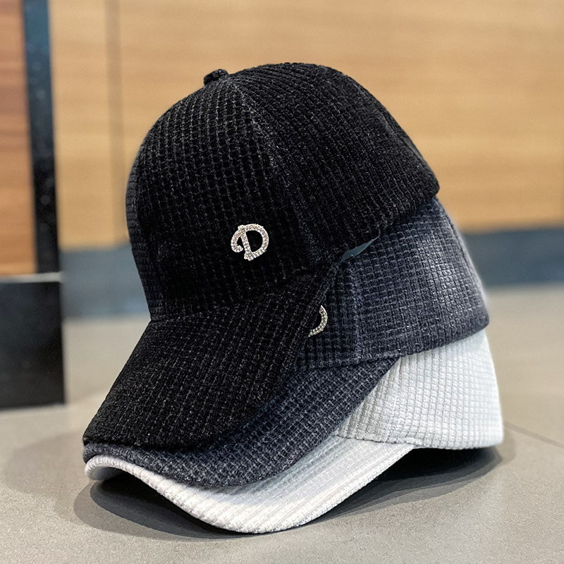 帽子女镶钻D字母灯芯绒鸭舌帽秋冬季韩版时尚百搭弯檐青年棒球帽详情6