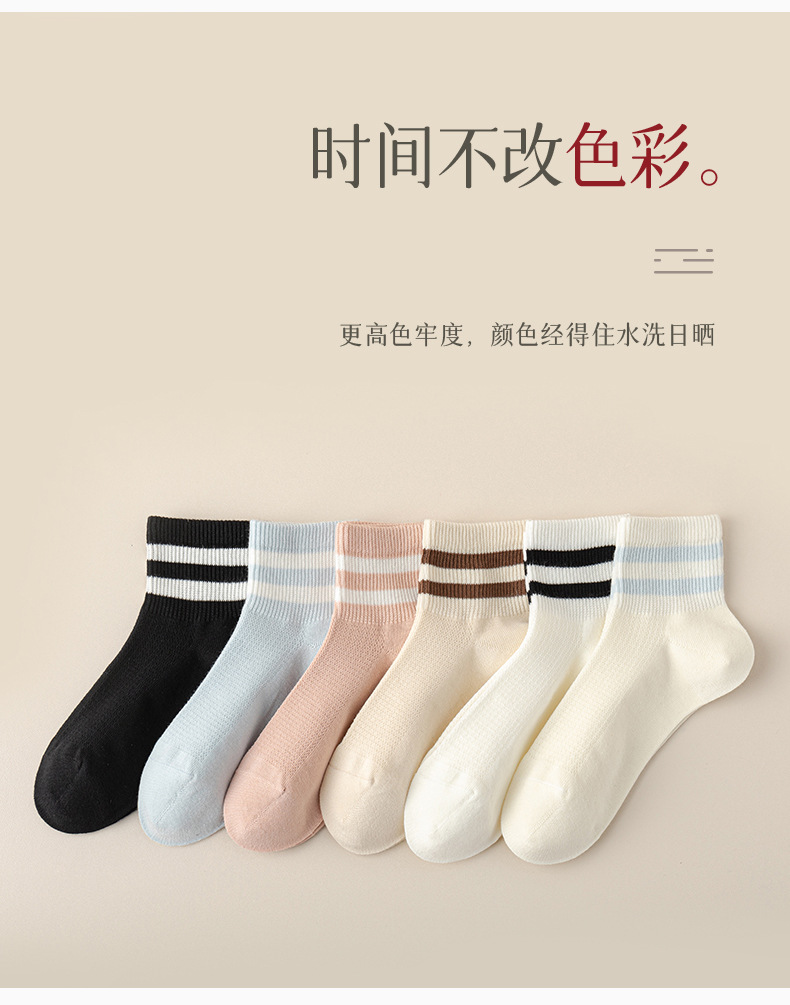 2024春夏二杠条纹简约一体机无骨品质短筒透气袜子女 网眼女袜详情8