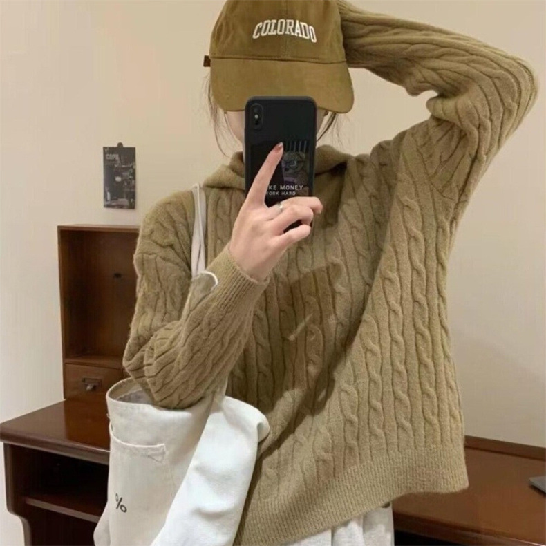 Hooded braided Korean-style laid-back sweater for women 2023 autumn/Winter new casual and versatile loose knitted pullover for women pic 11