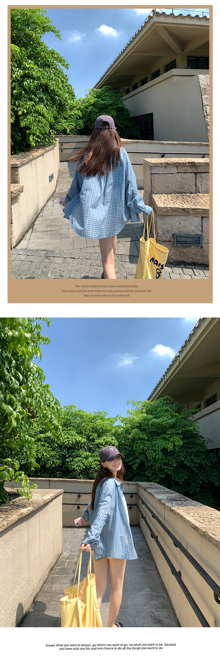 Blue checkered loose long-sleeved shirt for women, summer loose and laid-back style, polo collar sun-protective early autumn shirt jacket pic 8