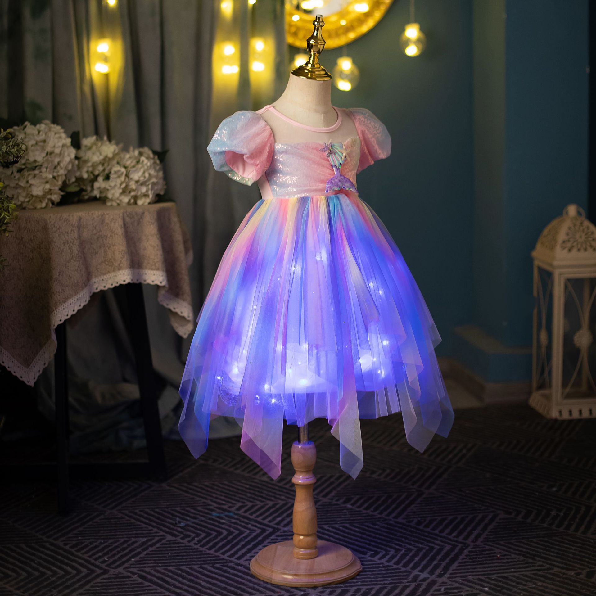 纯棉跨境女童连衣裙独角兽童裙女宝宝蓬蓬裙发光美人鱼公主裙代发详情15