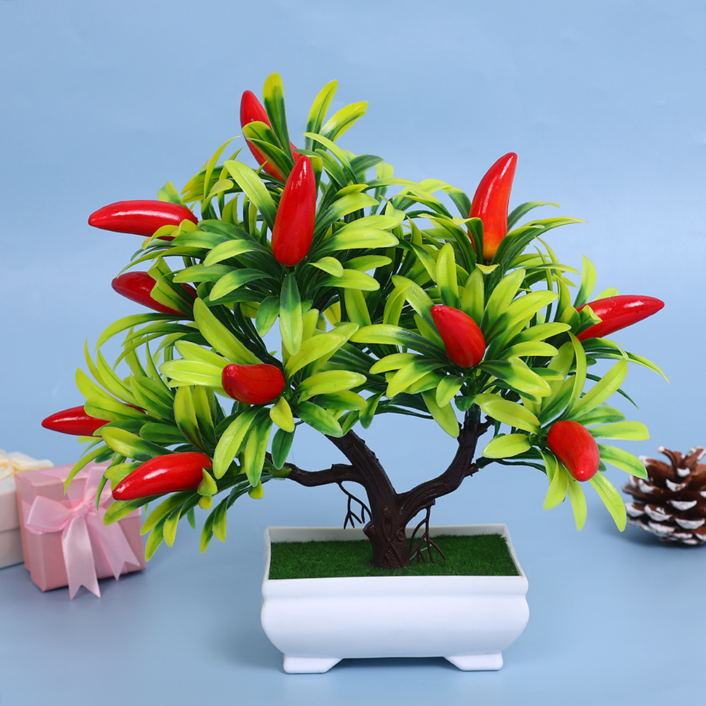 A comprehensive collection of simulated fruit potted plants and bonsai, including red apples, pomegranates, strawberries, oranges, peaches, mangoes, bananas, and red peppers for decoration pic 14
