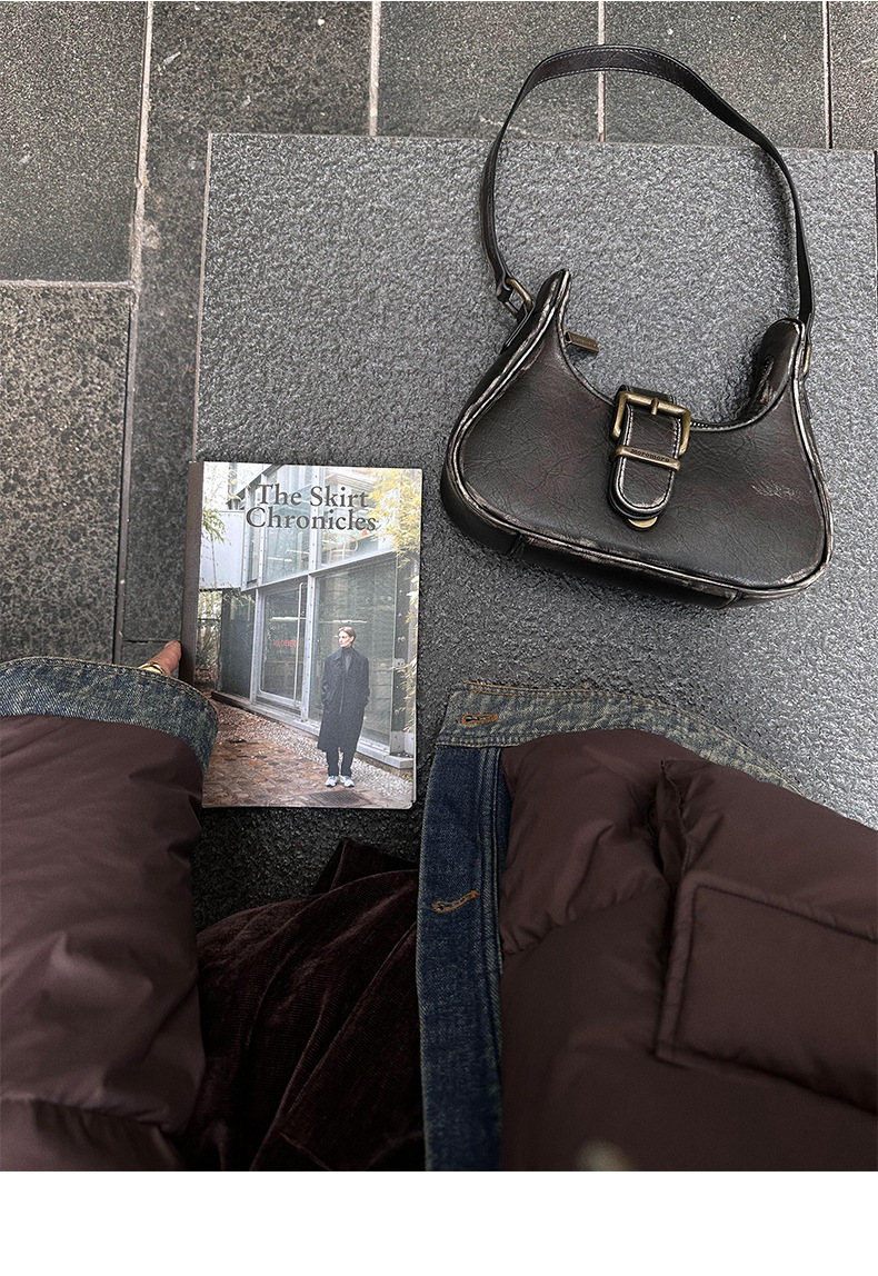 Qumeng DT CLASSIC Retro patchwork fake two-piece denim down jacket for women, 90 white duck down winter coat for women pic 25