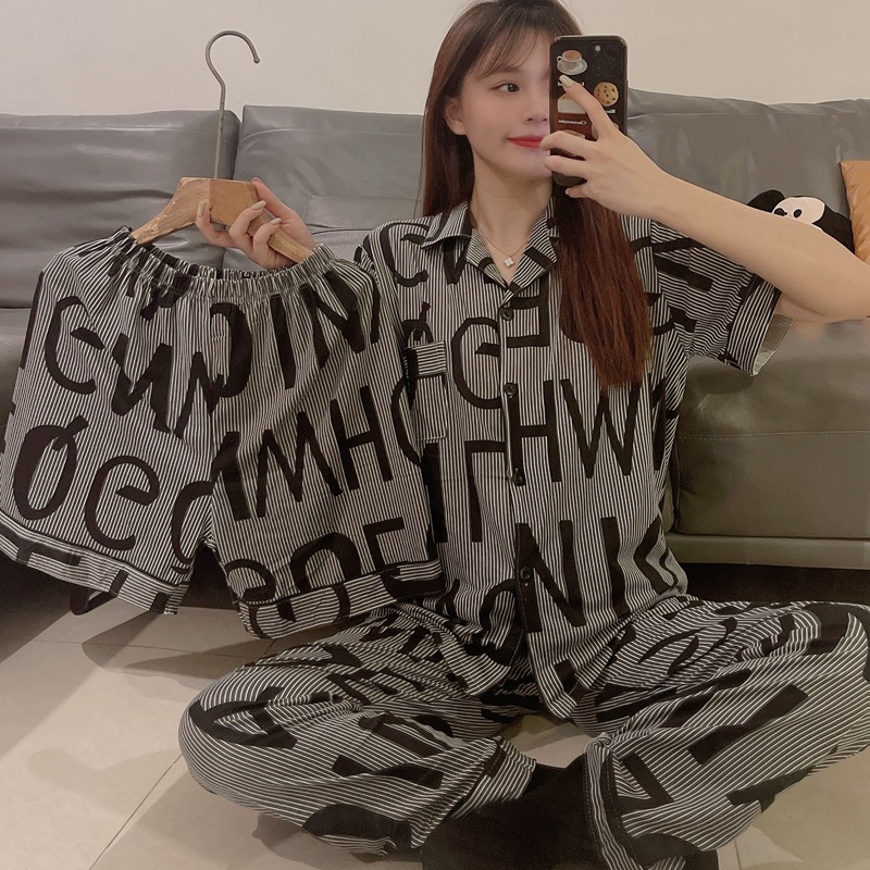 20款直播短袖开衫仿棉INS夏季情侣睡衣居家休闲宽松家居服三件套详情8